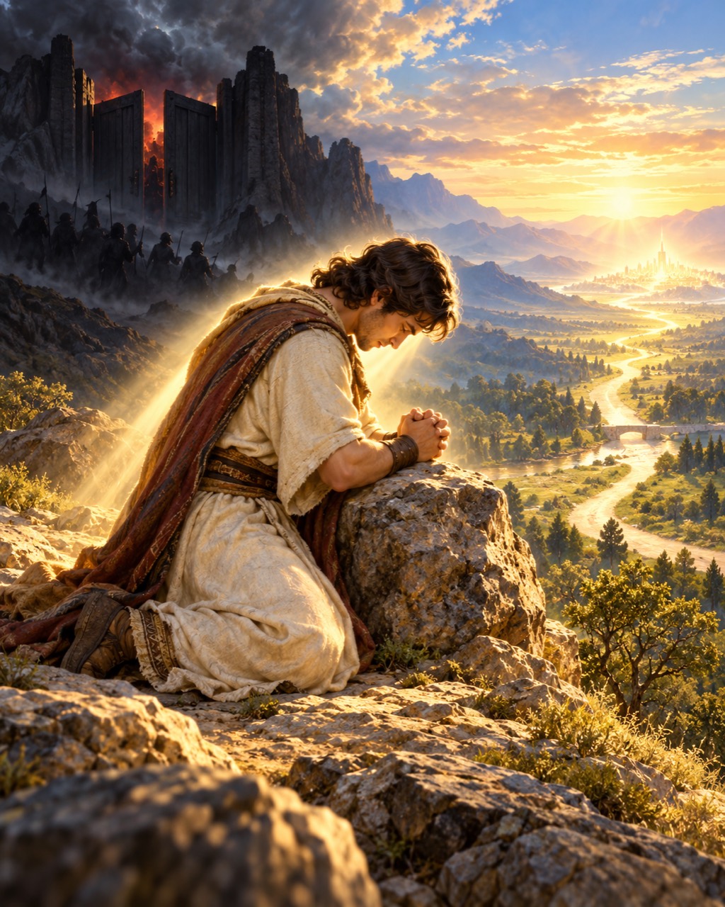 Illustration of a young man kneeling in prayer beside a rock, with a dark fortress behind him and a sunlit path ahead.